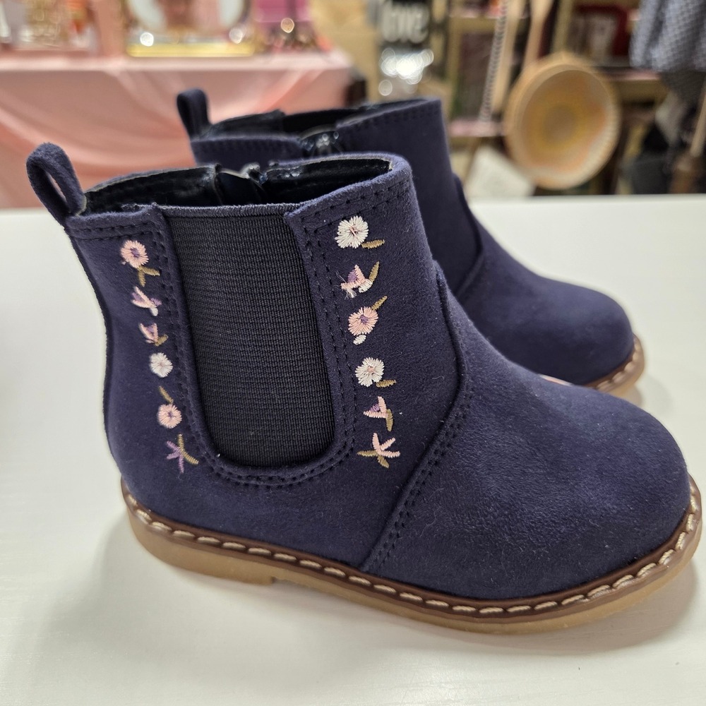Wonder Nation Girls Navy Blue Faux Suede Floral Embroidered Ankle Boots Size 6